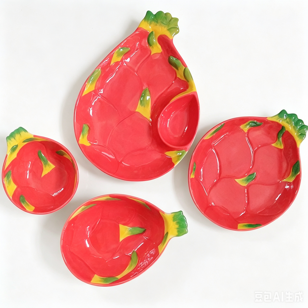 Ceramic Dragon Fruit Bowl and Plate Set, Cute Fruit Shaped Tableware for Kids and Adults