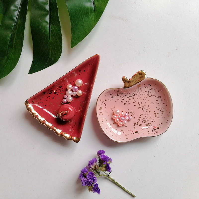 Ceramic Fruit Jewelry Dish, Decorative Trinket Plate with Gold Rim and Pearl Accents
