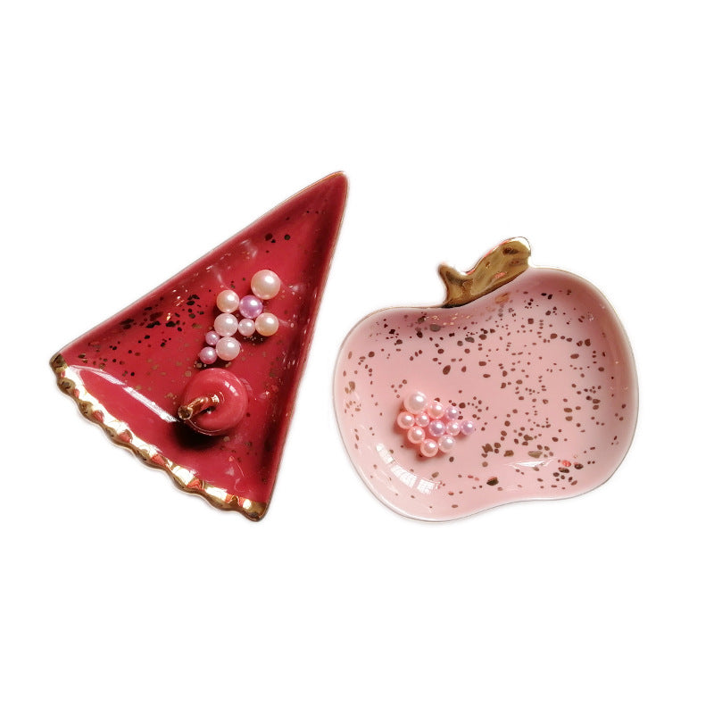 Ceramic Fruit Jewelry Dish, Decorative Trinket Plate with Gold Rim and Pearl Accents