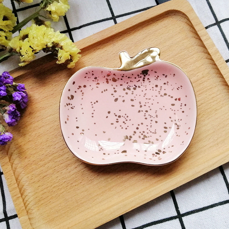 Ceramic Fruit Jewelry Dish, Decorative Trinket Plate with Gold Rim and Pearl Accents