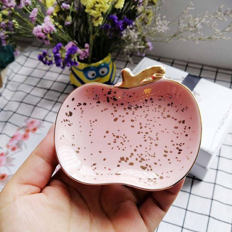 Ceramic Fruit Jewelry Dish, Decorative Trinket Plate with Gold Rim and Pearl Accents