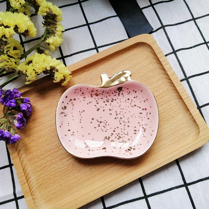 Ceramic Fruit Jewelry Dish, Decorative Trinket Plate with Gold Rim and Pearl Accents