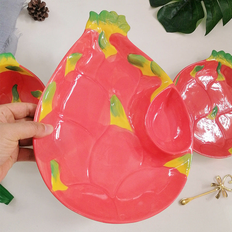 Ceramic Dragon Fruit Bowl and Plate Set, Cute Fruit Shaped Tableware for Kids and Adults