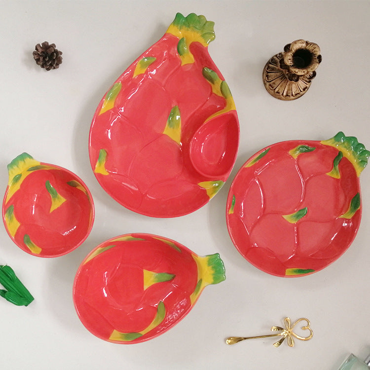 Ceramic Dragon Fruit Bowl and Plate Set, Cute Fruit Shaped Tableware for Kids and Adults