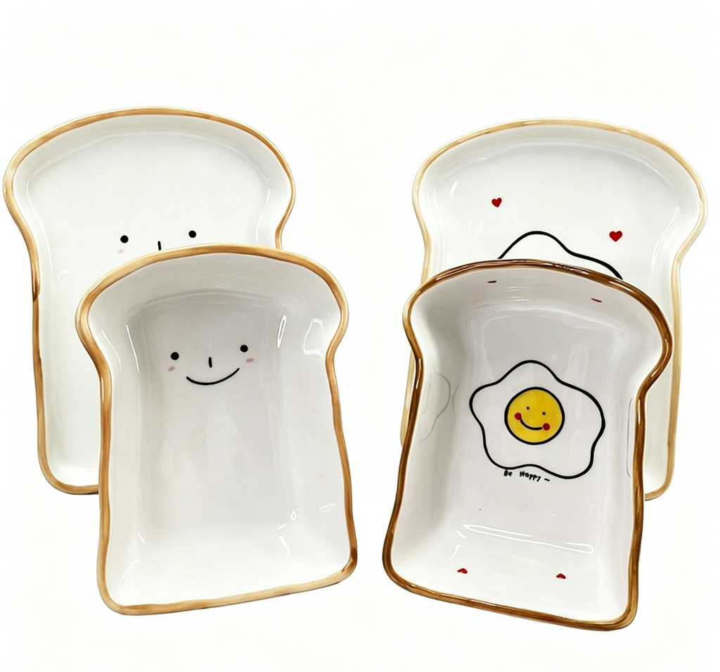 Ceramic Toast Shaped Plate, Cute Cartoon Breakfast Dish for Kids and Adults, 7.5" & 5.8"