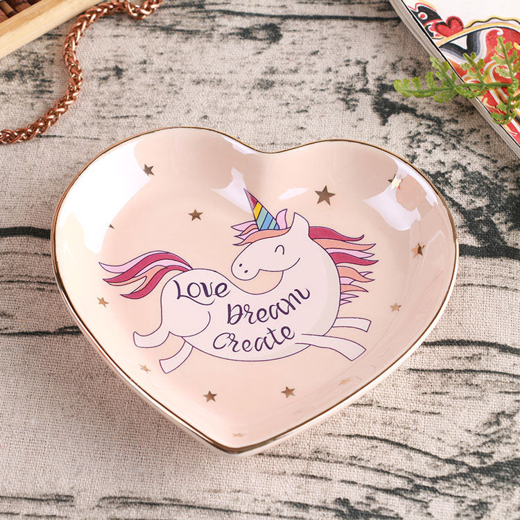 Heart Shaped Ceramic Trinket Dish, Cute Unicorn Jewelry Plate with Gold Rim