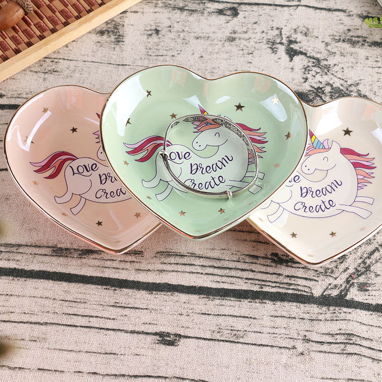 Heart Shaped Ceramic Trinket Dish, Cute Unicorn Jewelry Plate with Gold Rim