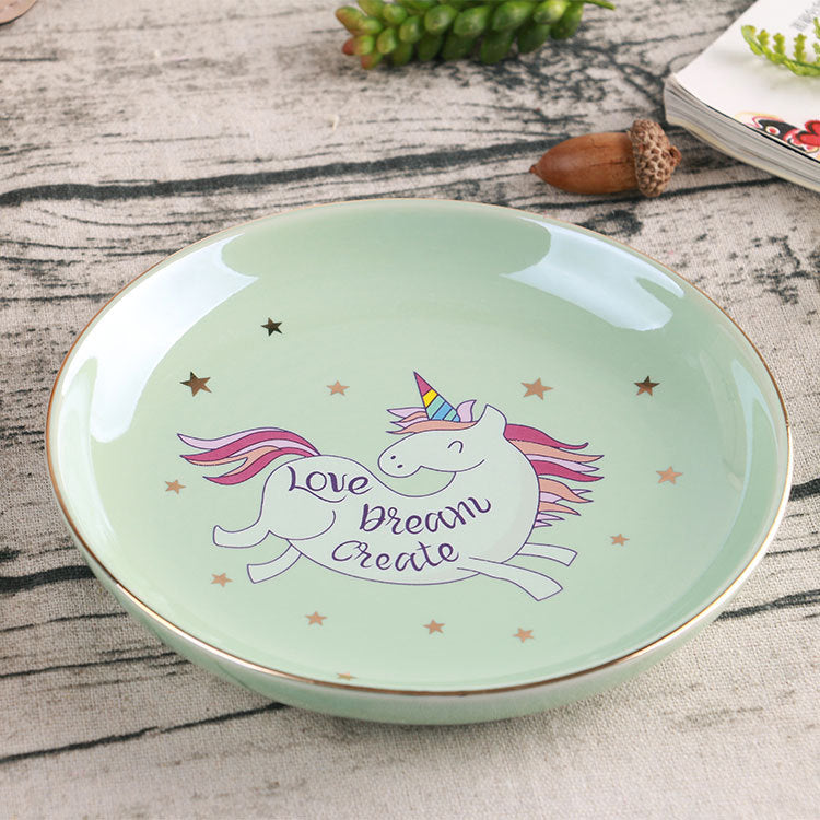 Heart Shaped Ceramic Trinket Dish, Cute Unicorn Jewelry Plate with Gold Rim
