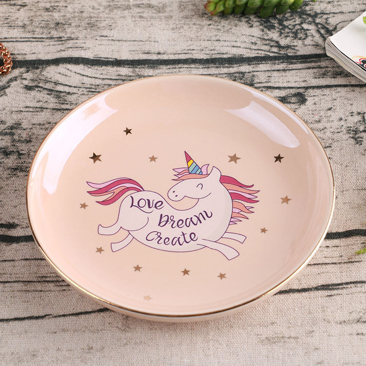 Heart Shaped Ceramic Trinket Dish, Cute Unicorn Jewelry Plate with Gold Rim