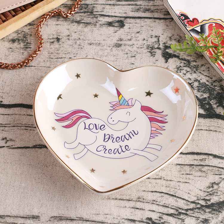 Heart Shaped Ceramic Trinket Dish, Cute Unicorn Jewelry Plate with Gold Rim