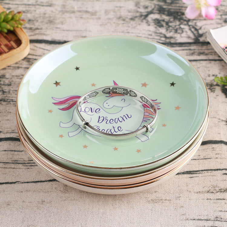 Heart Shaped Ceramic Trinket Dish, Cute Unicorn Jewelry Plate with Gold Rim