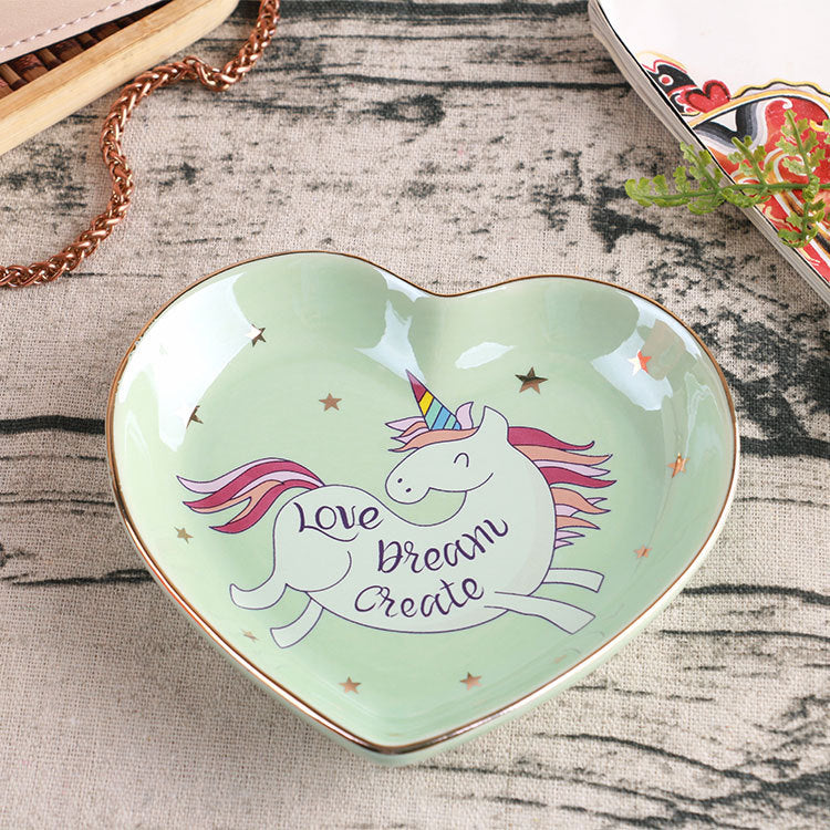 Heart Shaped Ceramic Trinket Dish, Cute Unicorn Jewelry Plate with Gold Rim