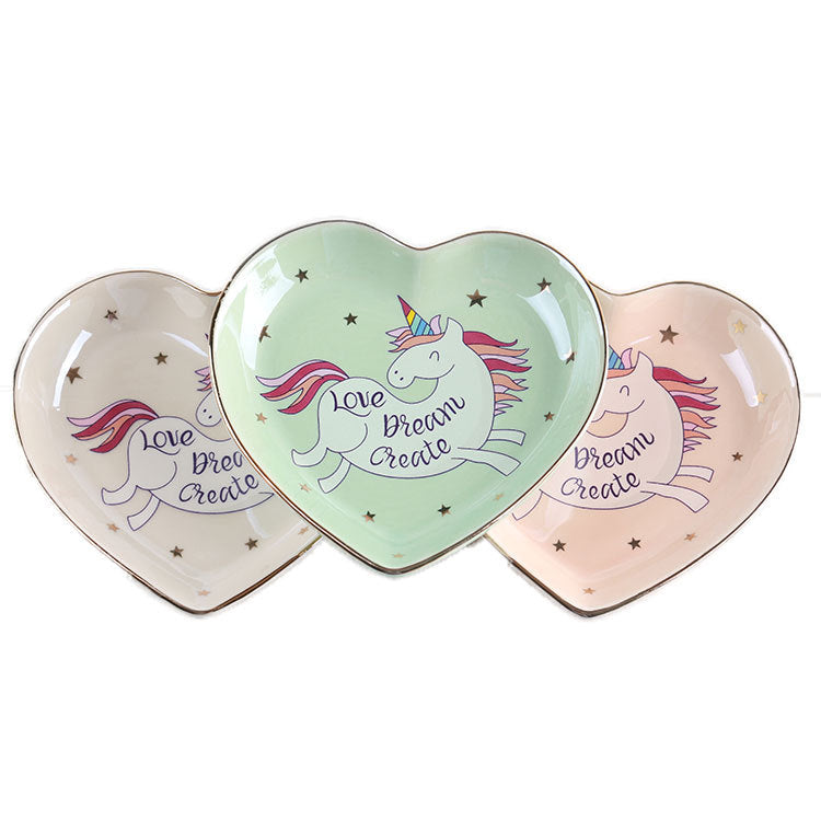 Heart Shaped Ceramic Trinket Dish, Cute Unicorn Jewelry Plate with Gold Rim