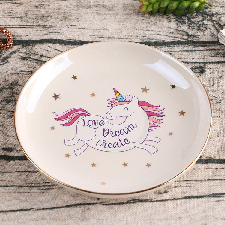 Heart Shaped Ceramic Trinket Dish, Cute Unicorn Jewelry Plate with Gold Rim