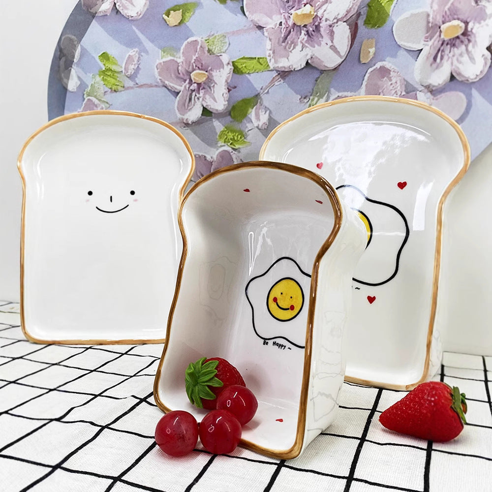 Ceramic Toast Shaped Plate, Cute Cartoon Breakfast Dish for Kids and Adults, 7.5" & 5.8"