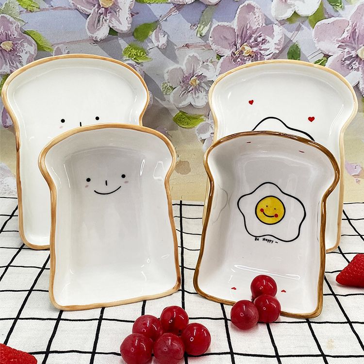 Ceramic Toast Shaped Plate, Cute Cartoon Breakfast Dish for Kids and Adults, 7.5" & 5.8"