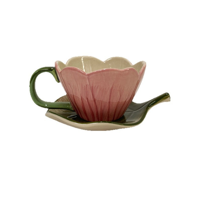 Tulip Shaped Ceramic Coffee Cup and Saucer Set, Floral Porcelain Tea Cup, 10.8 oz