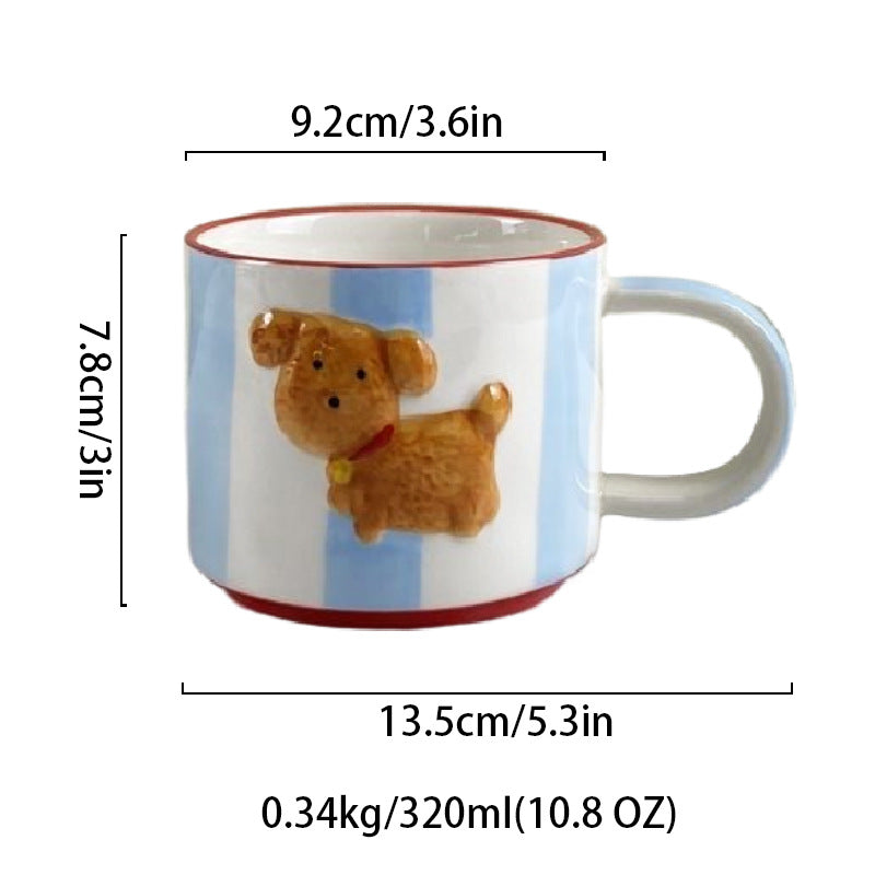 Ceramic Dog Coffee Mug, Cute Striped Porcelain Cup with 3D Puppy, 11 oz