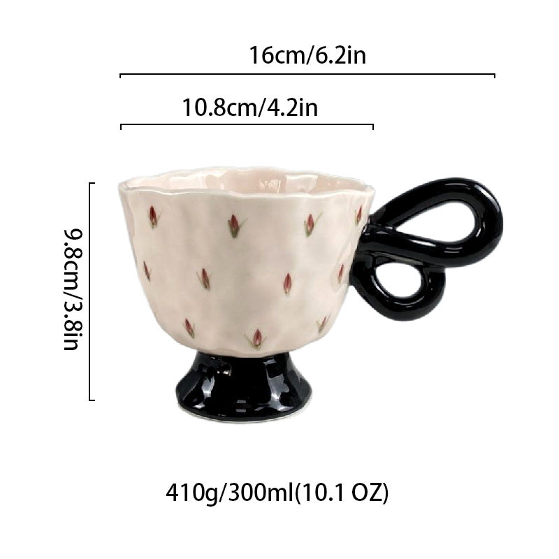 Ceramic Coffee Mug with Unique Handle, White Porcelain Floral Cup, 10 oz