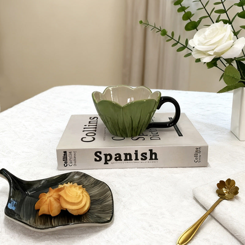 Tulip Shaped Ceramic Coffee Cup and Saucer Set, Floral Porcelain Tea Cup, 10.8 oz