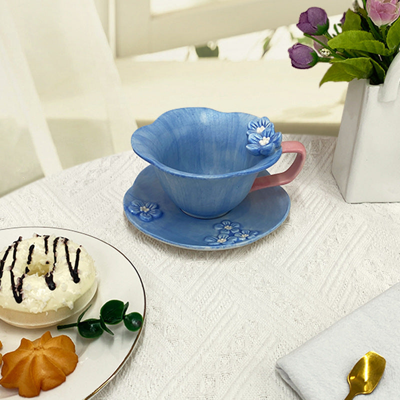 Ceramic Coffee Cup and Saucer Set, White Porcelain Floral Tea Mug with Handle, 6.1 oz