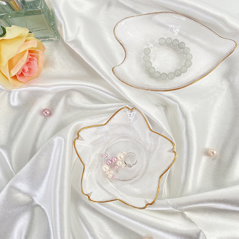 Glass Flower Jewelry Dish, Decorative Trinket Plate with Gold Rim, 4.9"