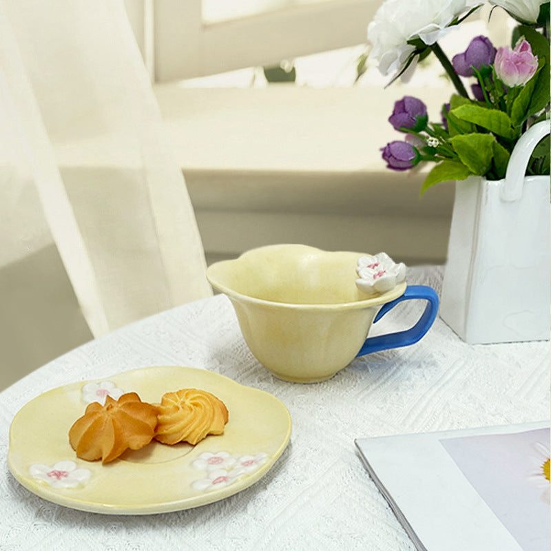 Ceramic Coffee Cup and Saucer Set, White Porcelain Floral Tea Mug with Handle, 6.1 oz