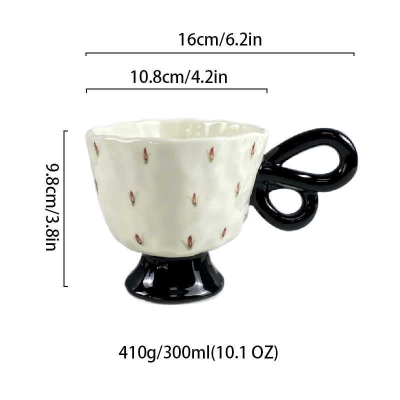 Ceramic Coffee Mug with Unique Handle, White Porcelain Floral Cup, 10 oz