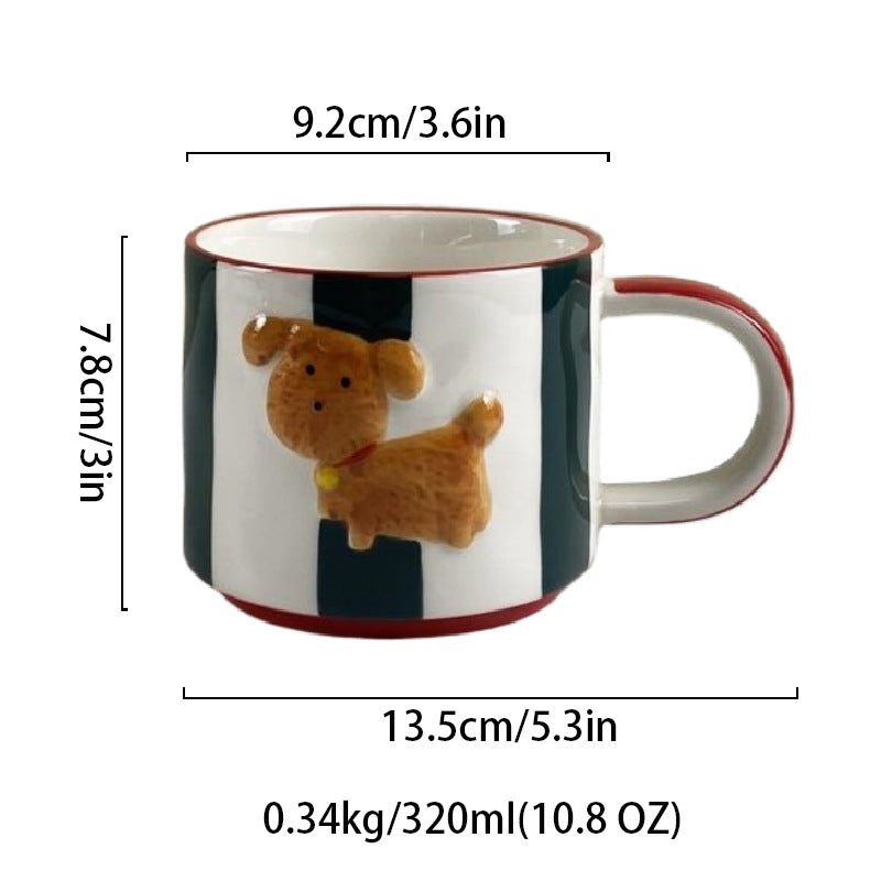 Ceramic Dog Coffee Mug, Cute Striped Porcelain Cup with 3D Puppy, 11 oz