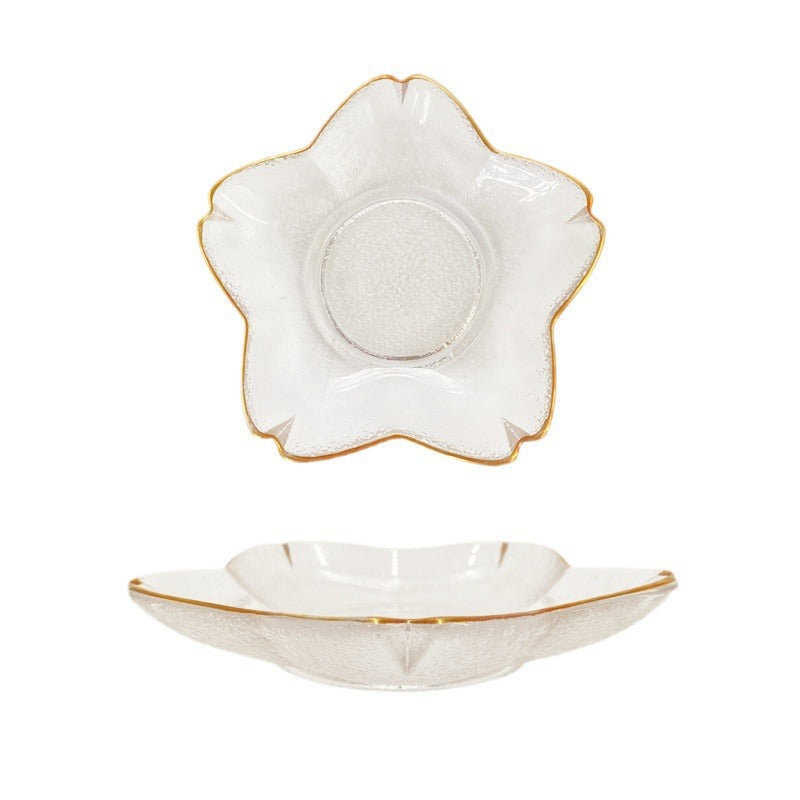 Glass Flower Jewelry Dish, Decorative Trinket Plate with Gold Rim, 4.9"