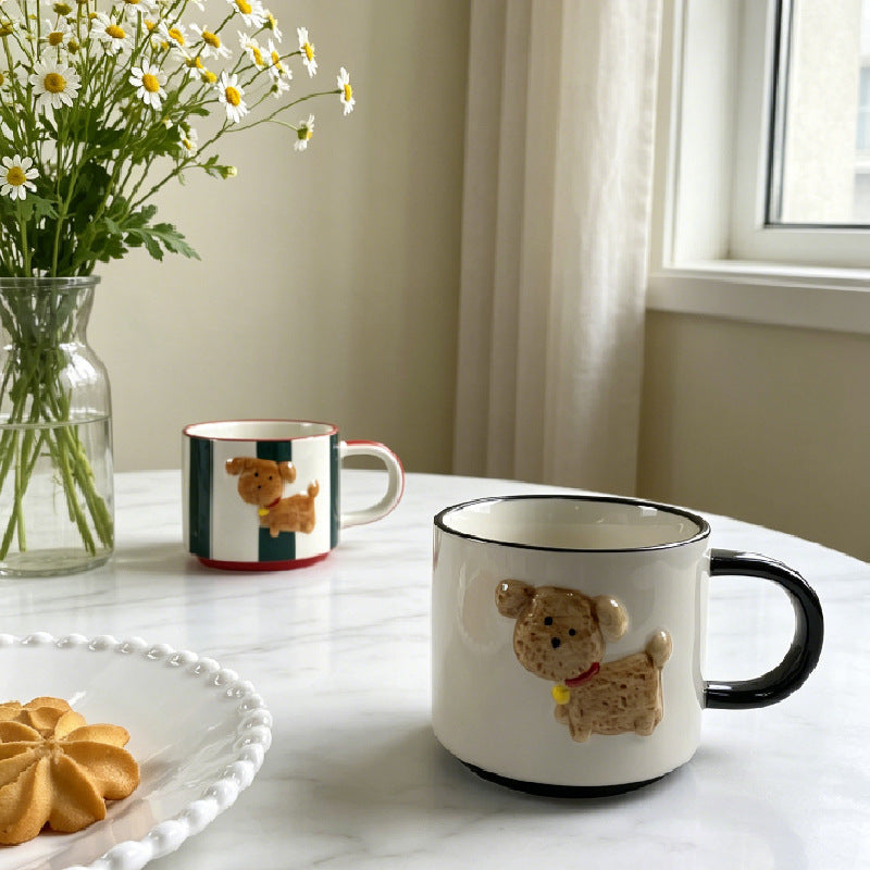 Ceramic Dog Coffee Mug, Cute Striped Porcelain Cup with 3D Puppy, 11 oz