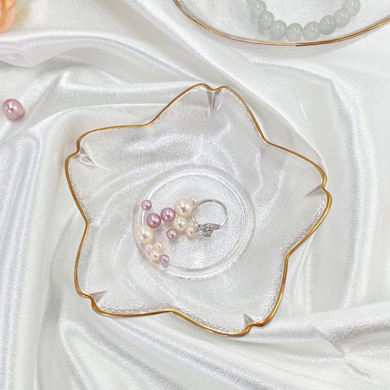 Glass Flower Jewelry Dish, Decorative Trinket Plate with Gold Rim, 4.9"