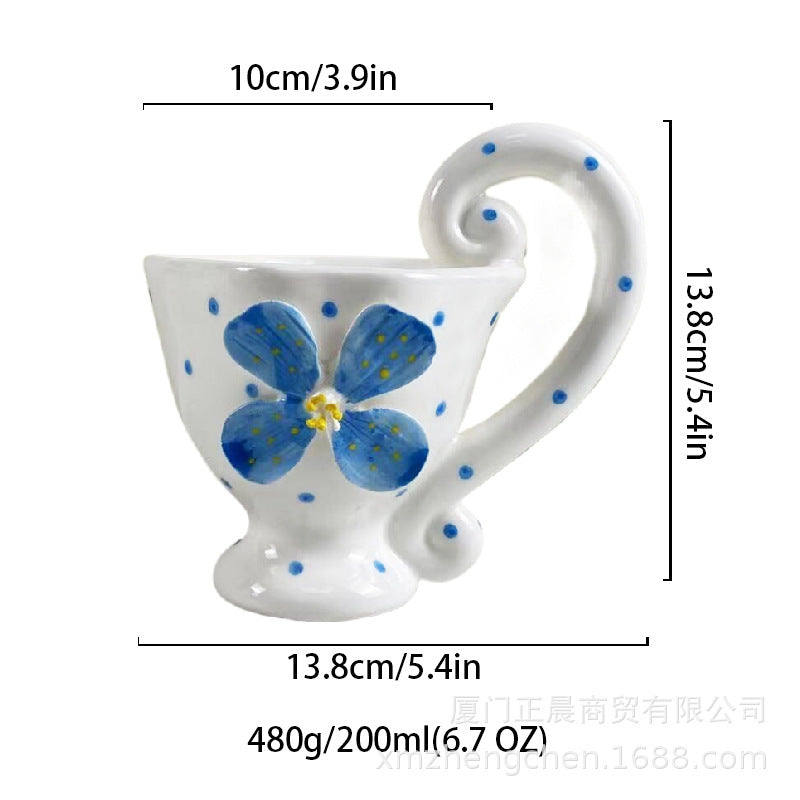 Ceramic Floral Coffee Mug with Handle, White Porcelain Teacup, 6.8 oz