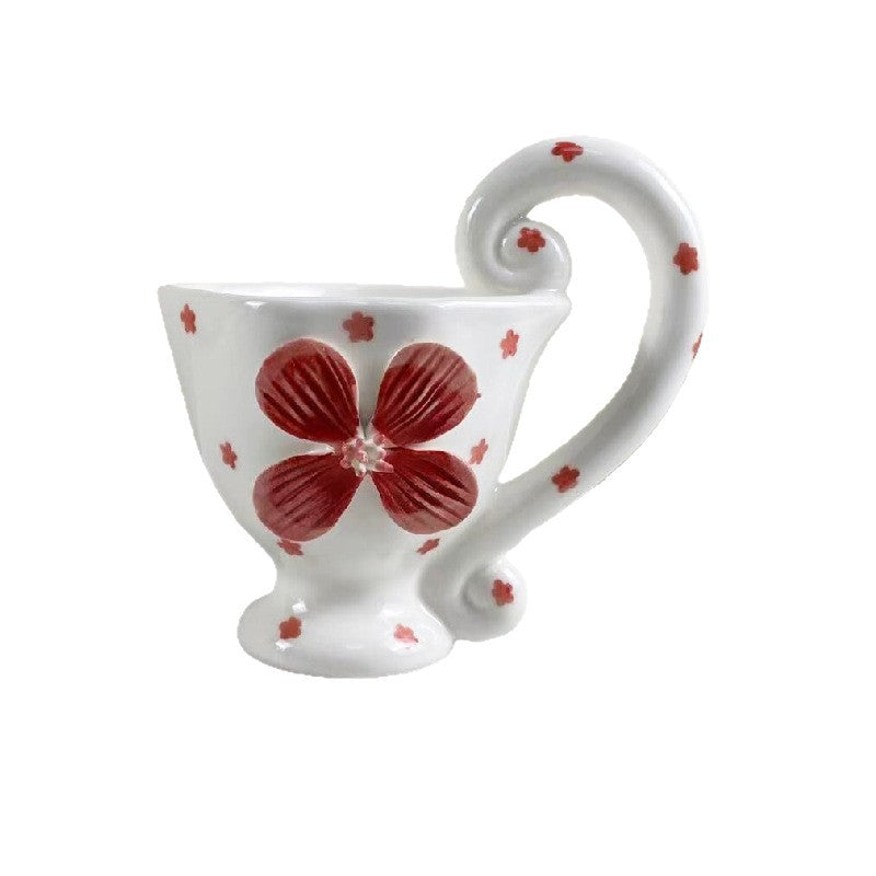 Ceramic Floral Coffee Mug with Handle, White Porcelain Teacup, 6.8 oz