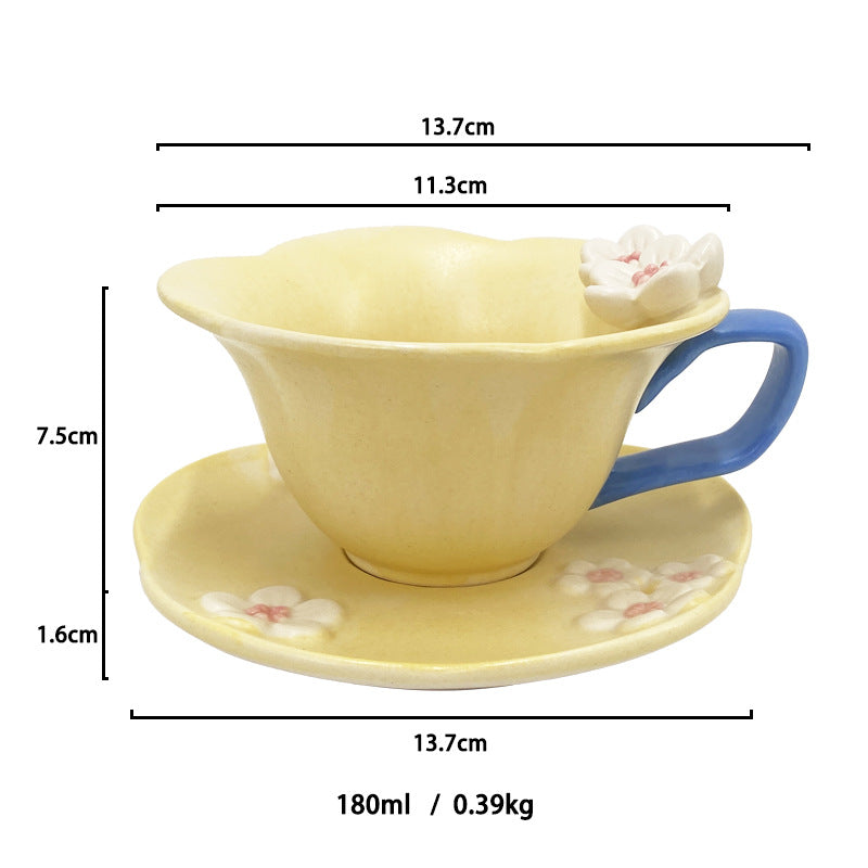 Ceramic Coffee Cup and Saucer Set, White Porcelain Floral Tea Mug with Handle, 6.1 oz