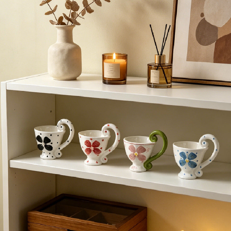 Ceramic Floral Coffee Mug with Handle, White Porcelain Teacup, 6.8 oz