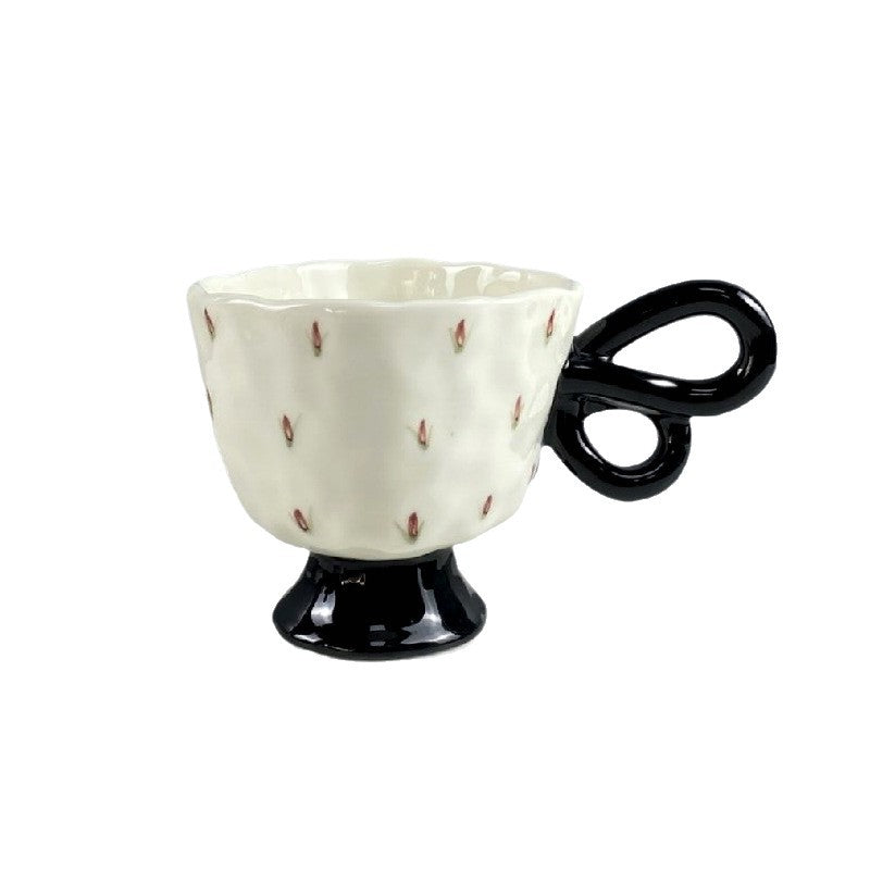 Ceramic Coffee Mug with Unique Handle, White Porcelain Floral Cup, 10 oz