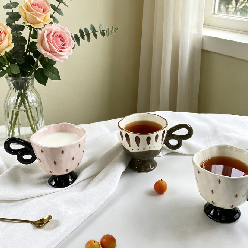 Ceramic Coffee Mug with Unique Handle, White Porcelain Floral Cup, 10 oz
