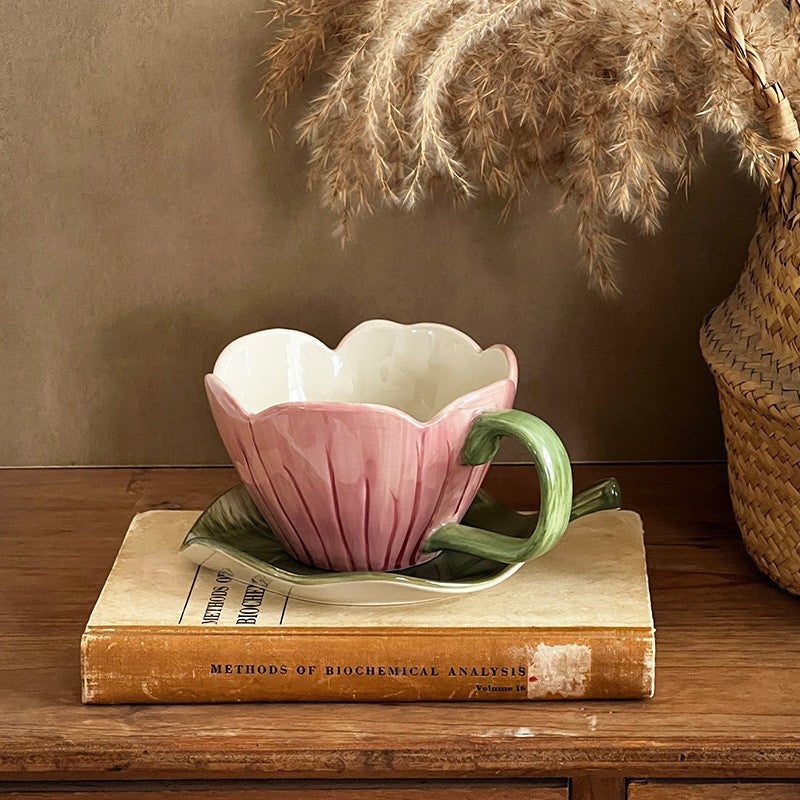 Tulip Shaped Ceramic Coffee Cup and Saucer Set, Floral Porcelain Tea Cup, 10.8 oz
