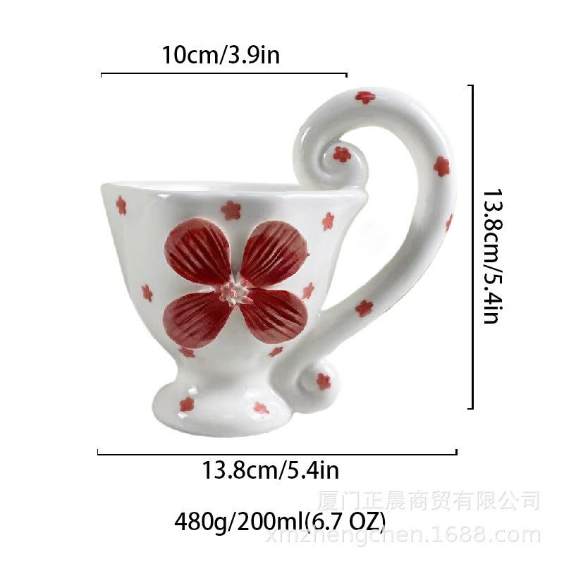 Ceramic Floral Coffee Mug with Handle, White Porcelain Teacup, 6.8 oz