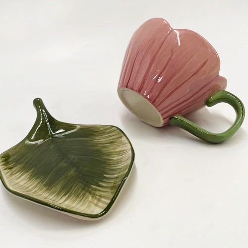 Tulip Shaped Ceramic Coffee Cup and Saucer Set, Floral Porcelain Tea Cup, 10.8 oz