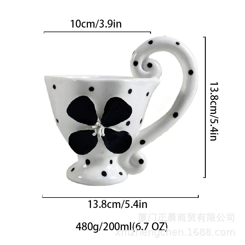 Ceramic Floral Coffee Mug with Handle, White Porcelain Teacup, 6.8 oz