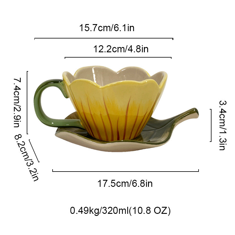 Tulip Shaped Ceramic Coffee Cup and Saucer Set, Floral Porcelain Tea Cup, 10.8 oz