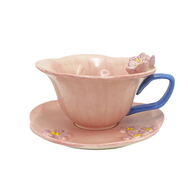 Ceramic Coffee Cup and Saucer Set, White Porcelain Floral Tea Mug with Handle, 6.1 oz