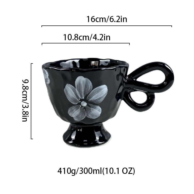 Ceramic Coffee Mug with Unique Handle, White Porcelain Floral Cup, 10 oz