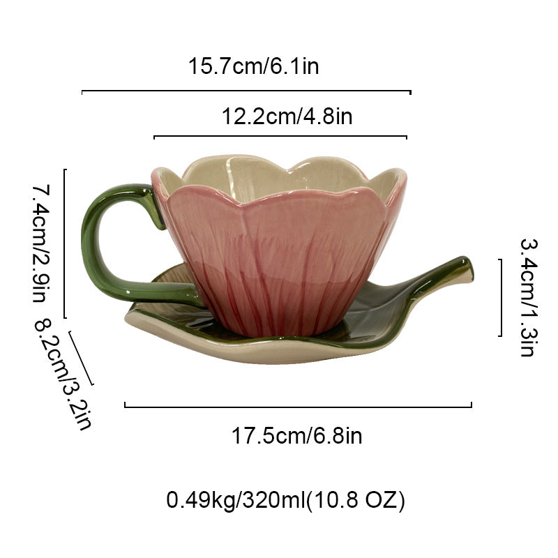 Tulip Shaped Ceramic Coffee Cup and Saucer Set, Floral Porcelain Tea Cup, 10.8 oz