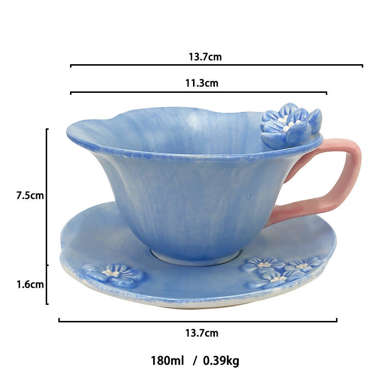 Ceramic Coffee Cup and Saucer Set, White Porcelain Floral Tea Mug with Handle, 6.1 oz