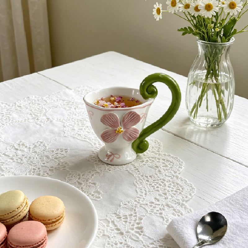 Ceramic Floral Coffee Mug with Handle, White Porcelain Teacup, 6.8 oz