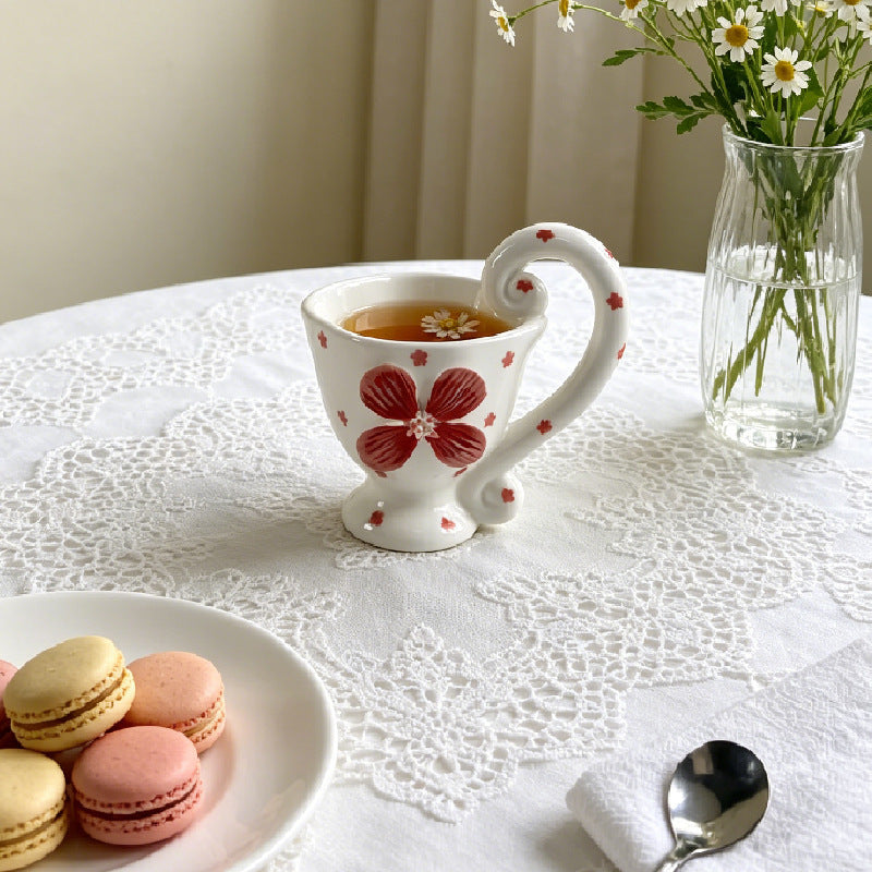 Ceramic Floral Coffee Mug with Handle, White Porcelain Teacup, 6.8 oz