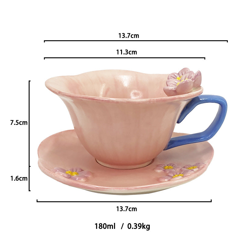 Ceramic Coffee Cup and Saucer Set, White Porcelain Floral Tea Mug with Handle, 6.1 oz
